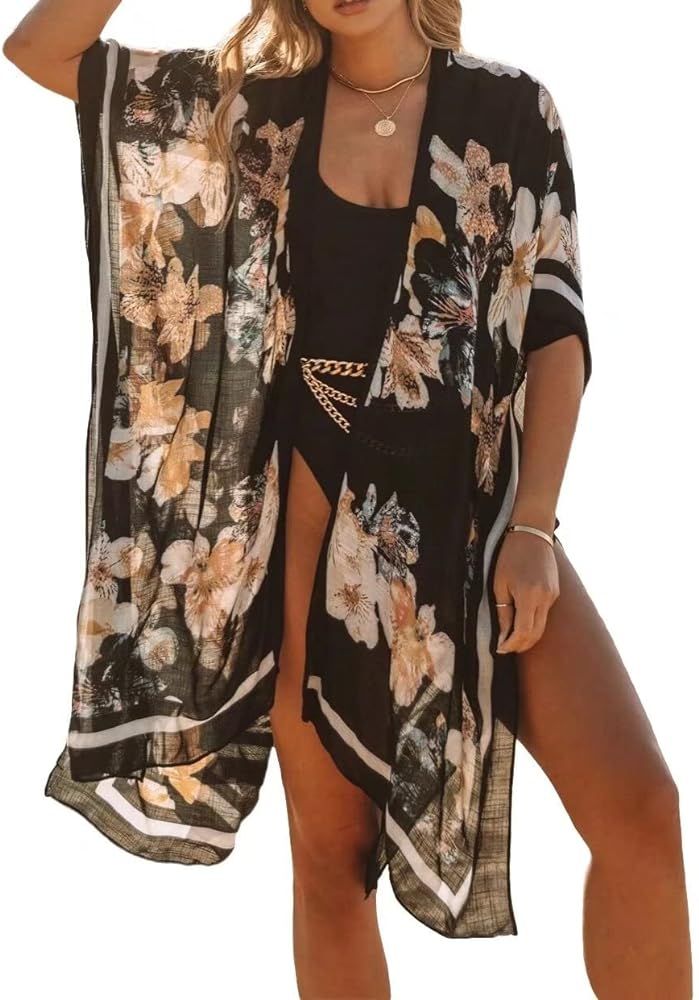 LEEDYA Womens Summer Chiffon Beach Kimono Floral Print Cardigans Open Front Cover Ups Loose Swimwear | Amazon (US)