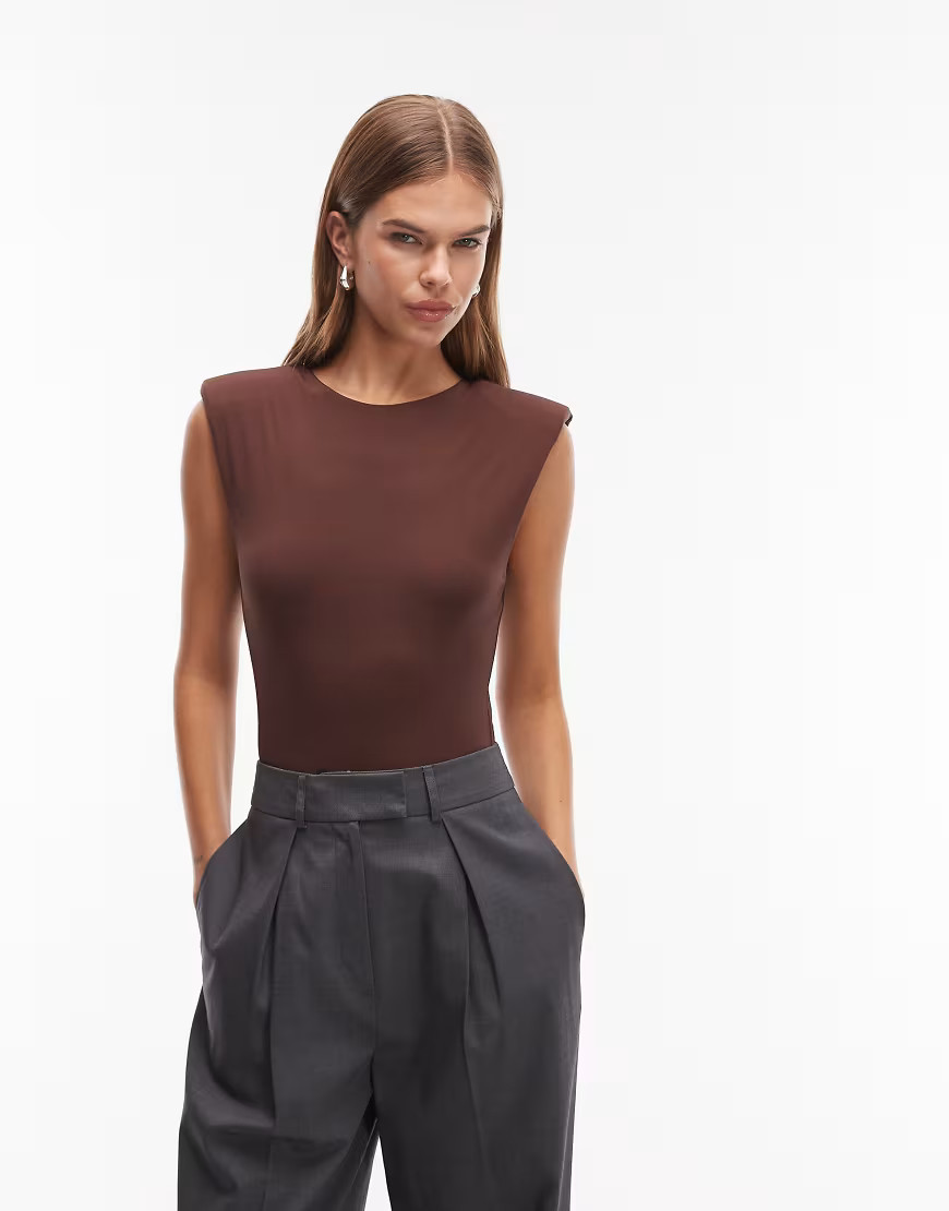 ASOS DESIGN slinky sleeveless shoulder pad bodysuit in chocolate-Brown | ASOS (Global)