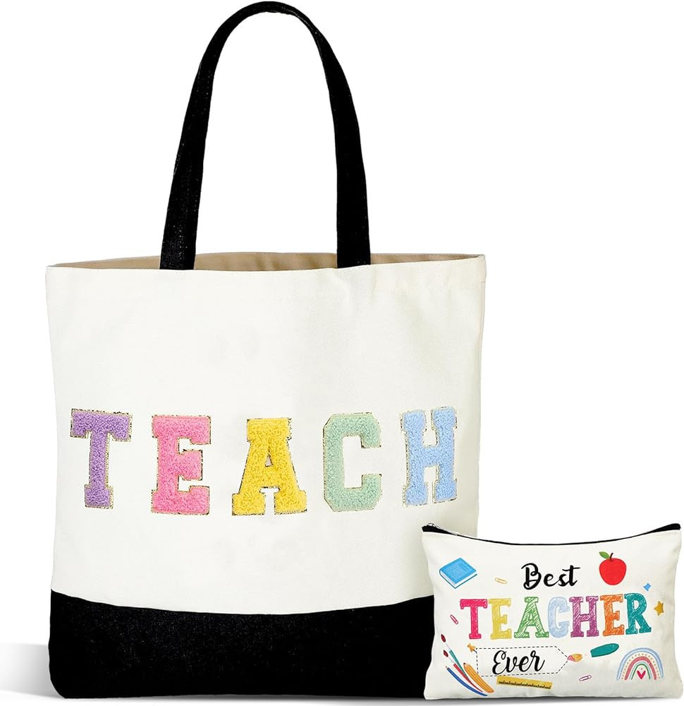 2 Pcs Teacher Appreciation Gift Set Rainbow Christmas Teacher Canvas Tote Bag with Makeup Bag Tea... | Amazon (US)