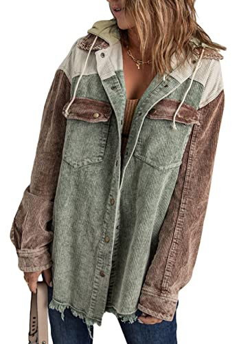 Dokotoo Winter Clothing for Women Corduroy Jackets Long Sleeve Flannel Shirts Button Up Coats Contrast Color Block Oversized Hooded Winter Fall Clothes 2025 Shacket Jackets with Pockets Green Small | Amazon (US)