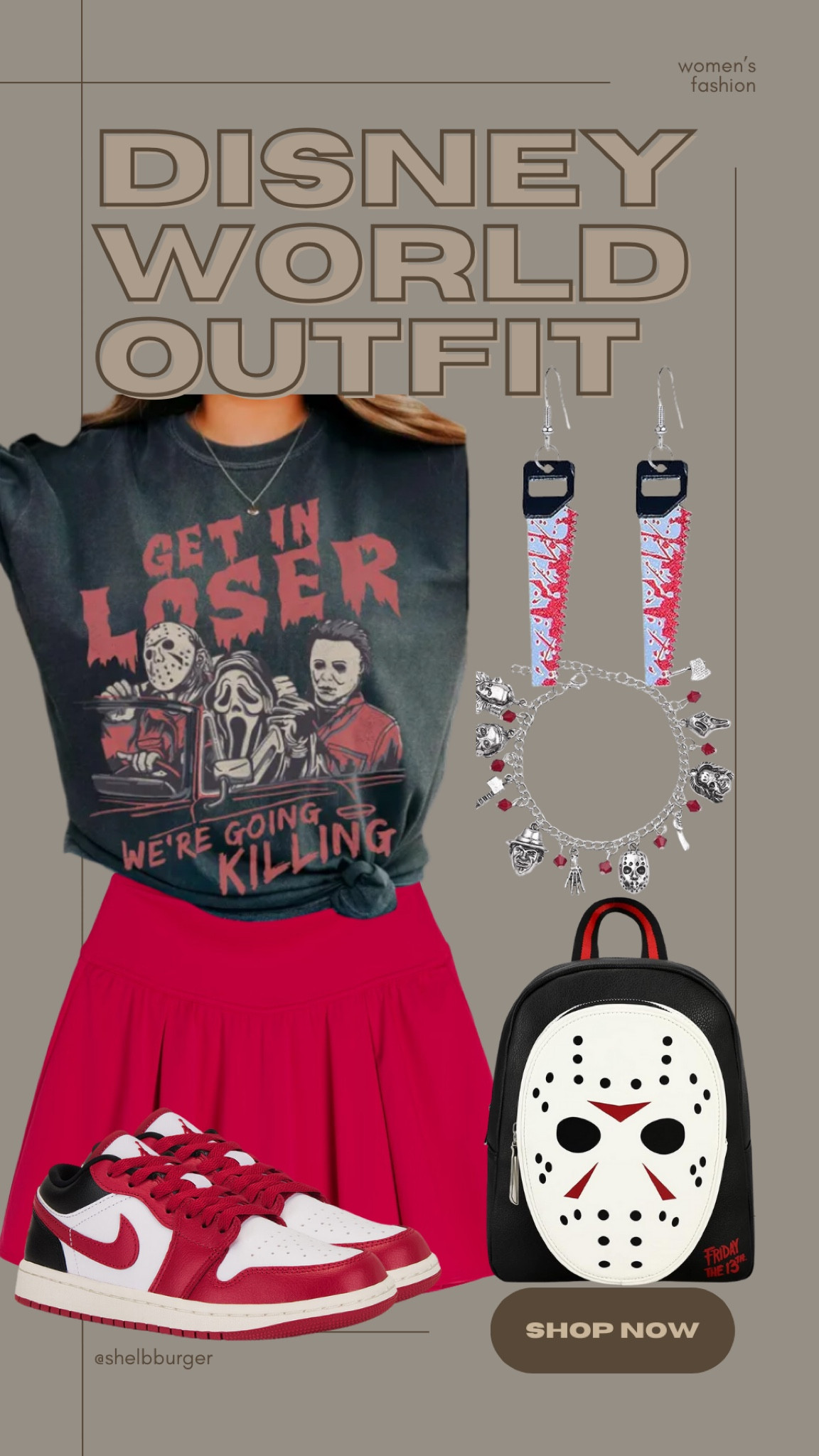 Women’s Halloween Horror Night outfit HHN
Get in loser we’re going killing scary movies graphic tee shirt
Red tennis skirt
Red and black air jordan sneakers for women
Bloody saw earrings
Horror scary movies charm bracelet 
Jason Friday the 13th backpackk

#LTKSeasonal #LTKTravel #LTKSaleAlert