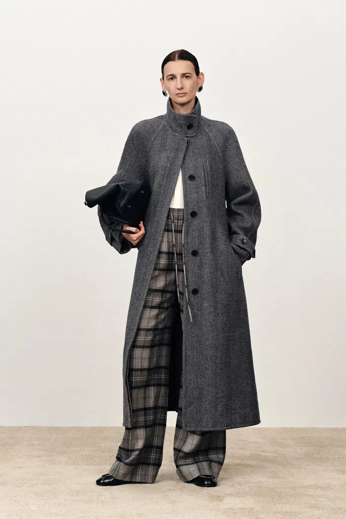 Edwina Grey Long Herringbone Coat in Lightweight Merino Wool | Fabrique
