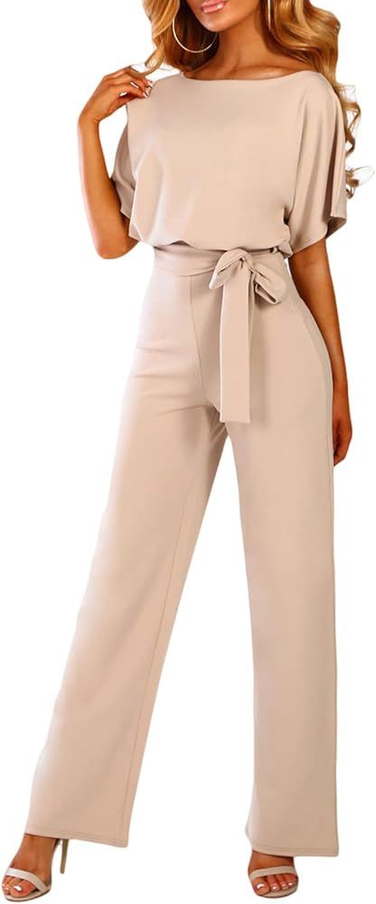 Happy Sailed Women Casual Loose Short Sleeve Belted Wide Leg Pant Romper Jumpsuits | Amazon (US)