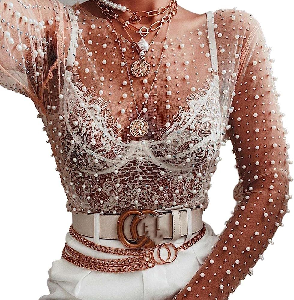 Women's Pearl See Through Mesh Sheer Long Sleeve Crop Tops Rhinestone Glitter Lace Blouse Shirts ... | Amazon (US)