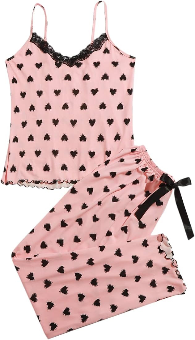 Verdusa Women's 2 Piece Polka Dots Lace Cami Top and Pants Sleepwear Pajama Set | Amazon (US)