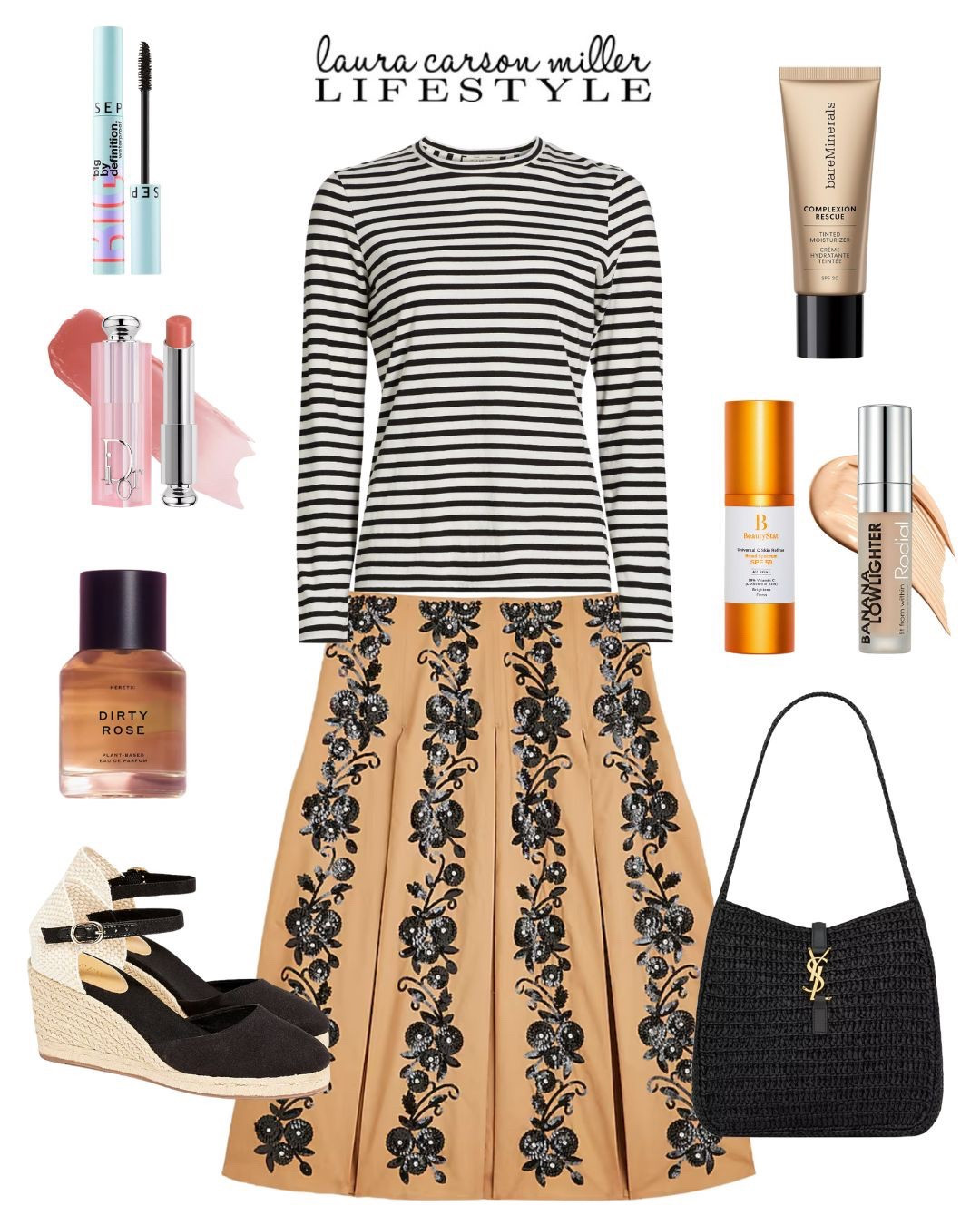An embellished skirt is grounded in the mist cool way with a long sleeve striped tee. 
Skirt, sequin skirt, raffia bag, black espadrilles, Ysl bag, bare minerals, tinted SPF, Dior, beauty stat, spring outfit, vacation style, work outfit, date night, party outfit 

#LTKItBag #LTKParties #LTKMidsize