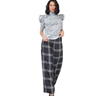 Slickblue Women's High Waist Plaid Print Pants, Wide Leg, Flowy Fit Trousers, Office Style, Black/Off White, Size L | Target