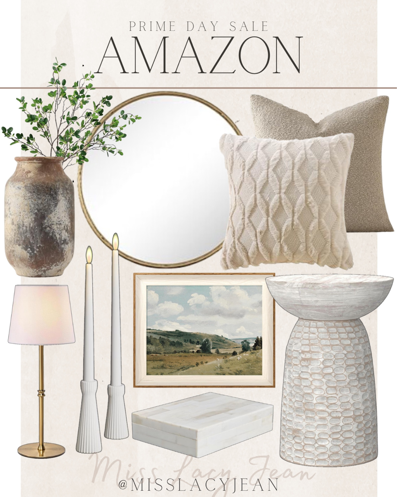 Amazon Prime day home deals include throw pillows, side table, wall art, decorative box, candle stick holders, round mirror, vase, greenery stems, and wireless lamp.

Home decor, sale alert, Amazon prime days, prime day deals, Amazon deals

#LTKSaleAlert #LTKFindsUnder100 #LTKHome