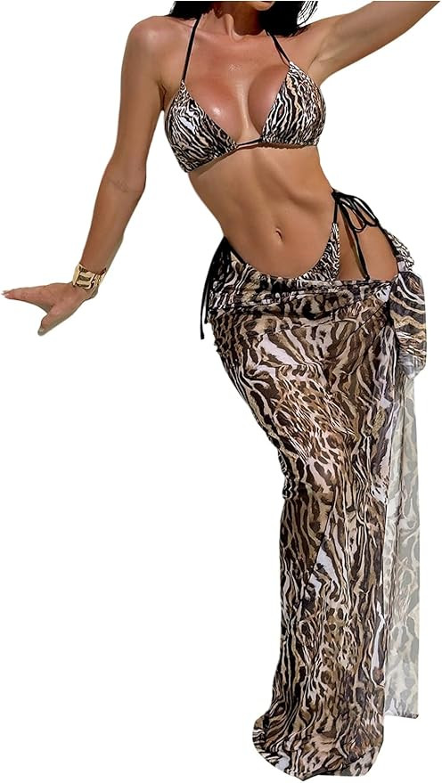 MakeMeChic Women's 3 Piece Bikini Set Zebra Animal Print Halter High Cut Swimsuit with Cover Up S... | Amazon (US)