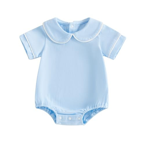 Merqwadd Baby Boy Girl Bubble Romper Infant Short Sleeve Collar Romper Oversize T-shirt Cotton Bodysuit Top (Piping Collared&Blue,3-6 Months) | Amazon (US)