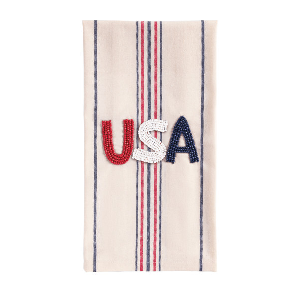 Mud Pie Usa Beaded Americana Towel in White | Cotton/Polyester/Rayon | Mud Pie