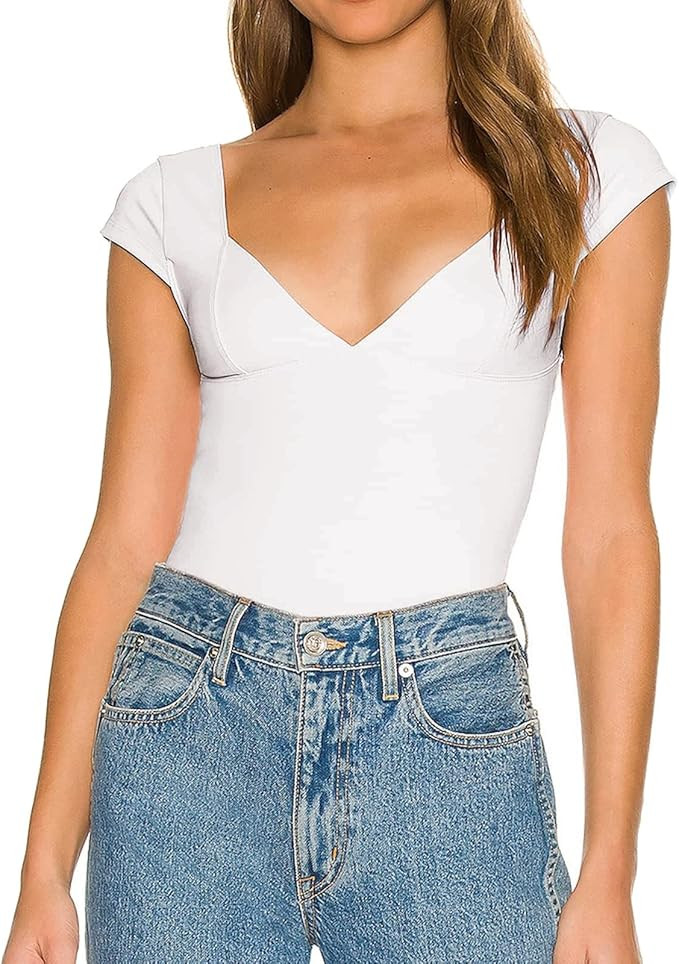 Women’s Crop Tops Cami Sexy Backless Deep V Neck Short Sleeve Y2K T Shirts Causal Slim Fit Summ... | Amazon (US)