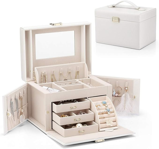 Vlando Faux Leather Jewelry Box Organizer, 6 Colors Available, Vintage Gift Case (White) | Amazon (US)