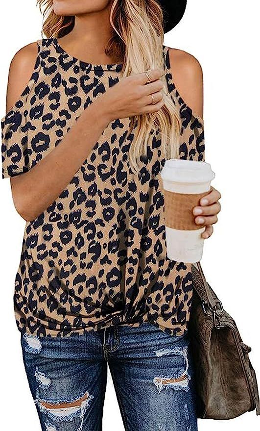 CNFUFEN Womens Leopard Print Cute Tshirts Fashion Knotted Blouse Off-Shoulder Short Sleeve Top | Amazon (US)