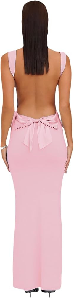 RARITYUS Women’s Elegant Satin Bow Maxi Dress Sexy Cowl Neck Backless Wedding Guest Dress Cockt... | Amazon (US)