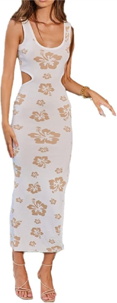 Women Y2K Print Knit Bodycon Dress Sexy Sleeveless Halter Neck Long Dress Hollow Out Summer Party... | Amazon (US)