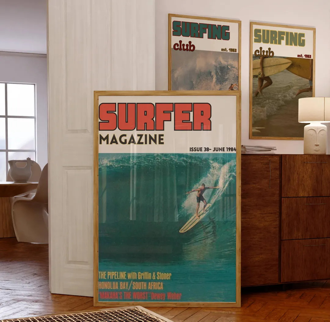 Set 4 Retro Surf Magazine poster, vintage magazine cover print, coastal wall art, ocean print, su... | Etsy (Global)