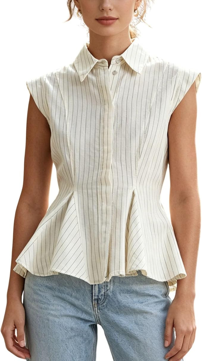 Chevara Women’s Striped Peplum Shirt Lapel Collar Sleeveless Button Down Blouse Summer Lightwei... | Amazon (US)
