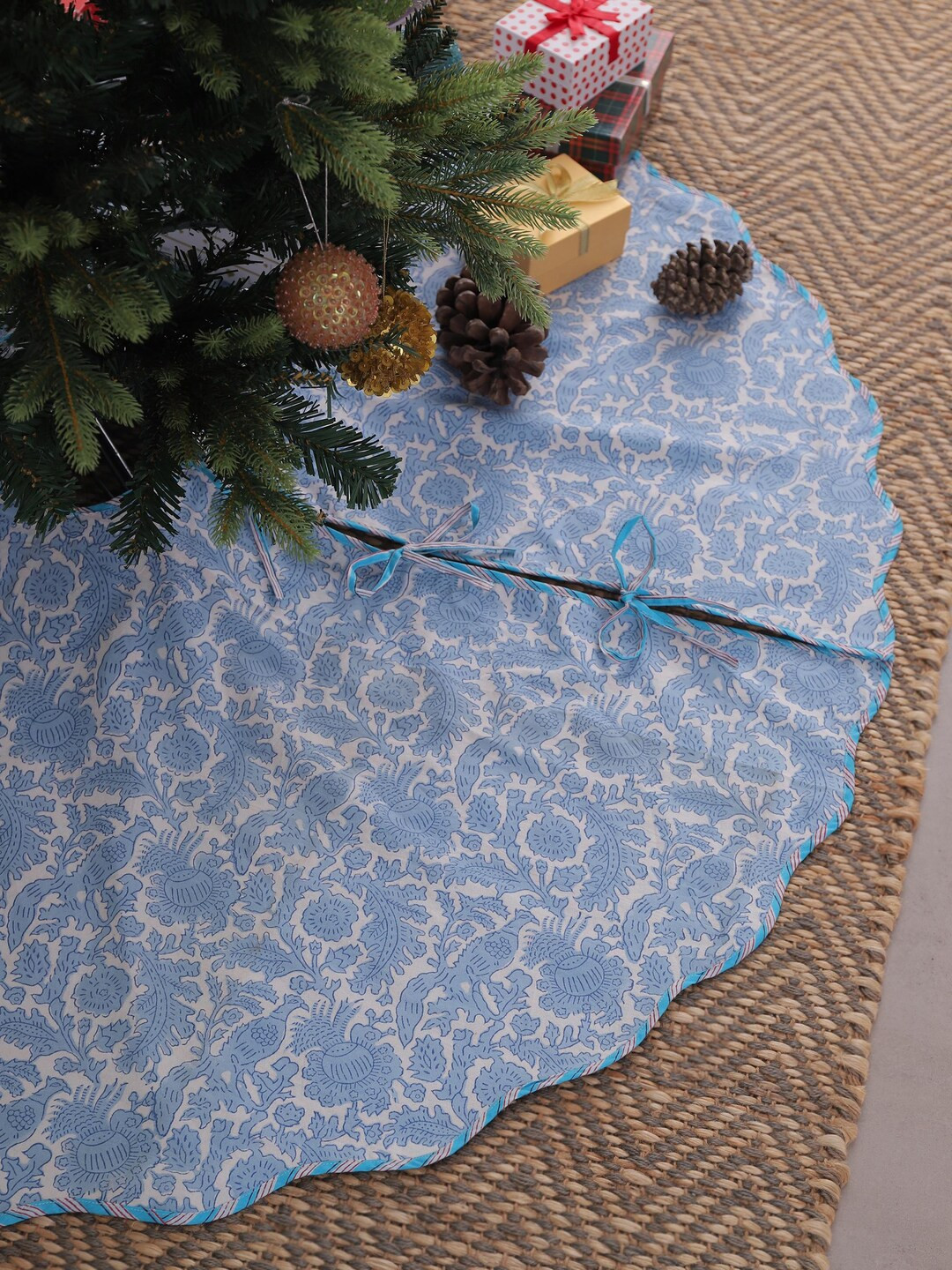 Pastel Blue Hand Block Printed Christmas Tree Skirt, Holiday Christmas Tree Collar, Christmas Tre... | Etsy (US)