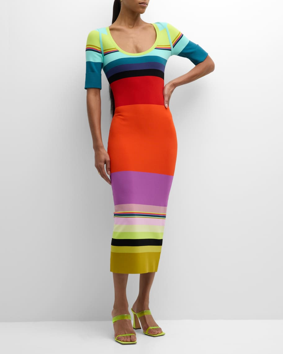 CHRISTOPHER JOHN ROGERS Striped Elbow-Sleeve Knit Midi Dress | Neiman Marcus