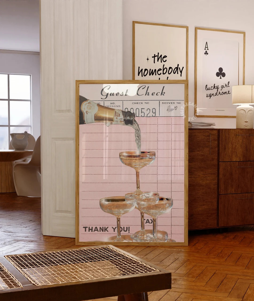 Champagne Guest Check Print Trendy Wall Art Prints Bar Cart Decor Pink Art Girly Trendy Printable... | Etsy (US)