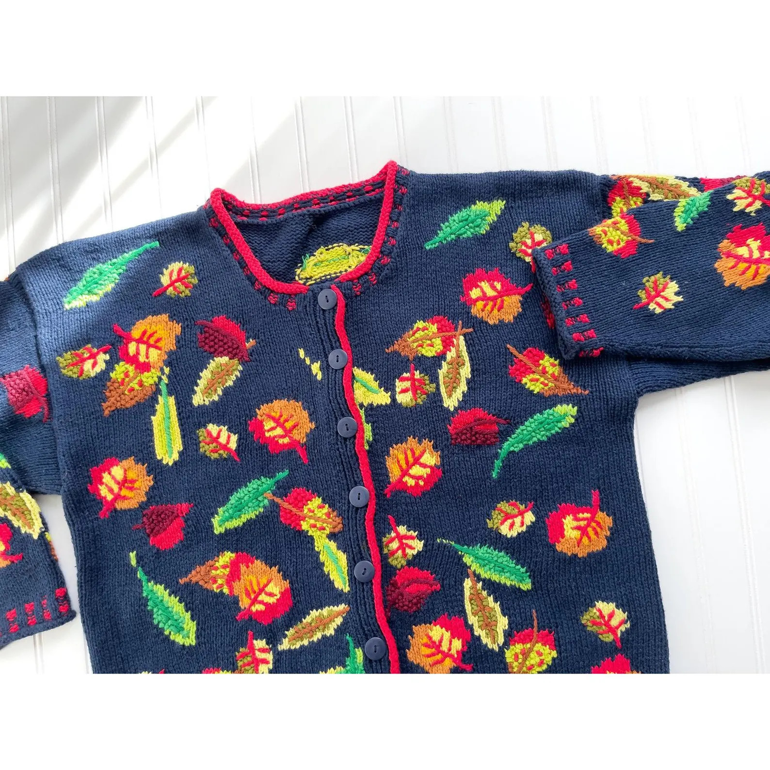 vtg Cardigan Bay navy blue falling leaves autumn fall cardigan sweater | Etsy (US)