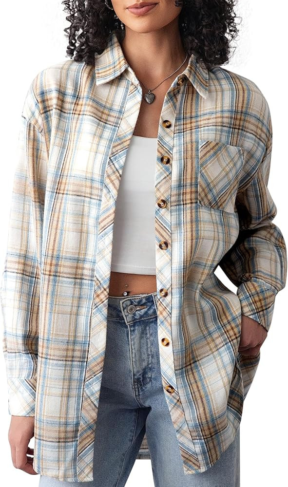 CHYRII Womens Button Down Flannel Shirts Long Sleeve Plaid Shackets Business Casual Blouse Top | Amazon (US)