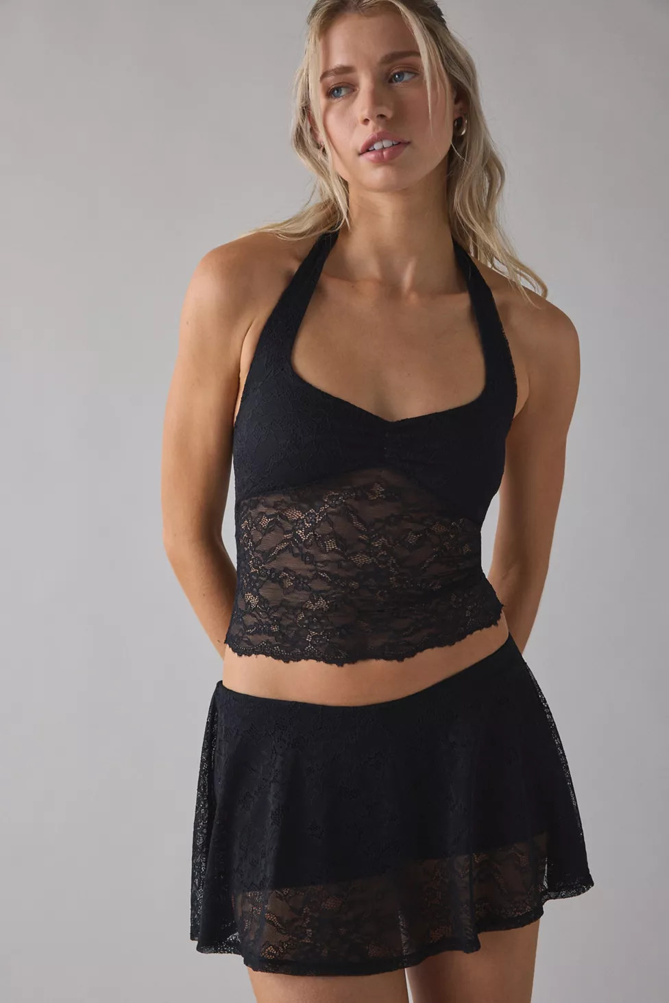 Out From Under Havana Semi-Sheer Lace Halter Top + Mini Skort 2-Piece Set | Urban Outfitters (US and RoW)