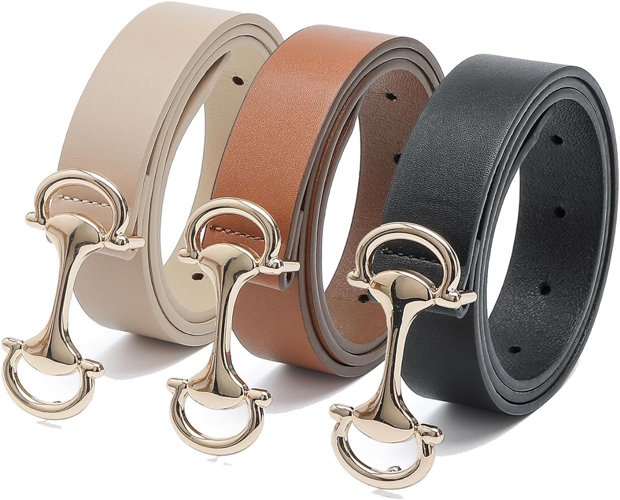3 Pack Women's Leather Belts for Jeans Dresses Skinny Ladies Waist Belt with Gold Buckle | Amazon (US)