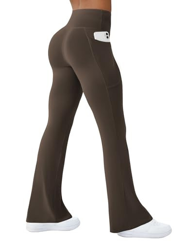 COPYLEAF Womens Yoga Pants with Pockets High Waisted Flare Leggings Bell Bottom Yoga Dress Pants Seamless Bootcut Pants(Brown XL) | Amazon (US)