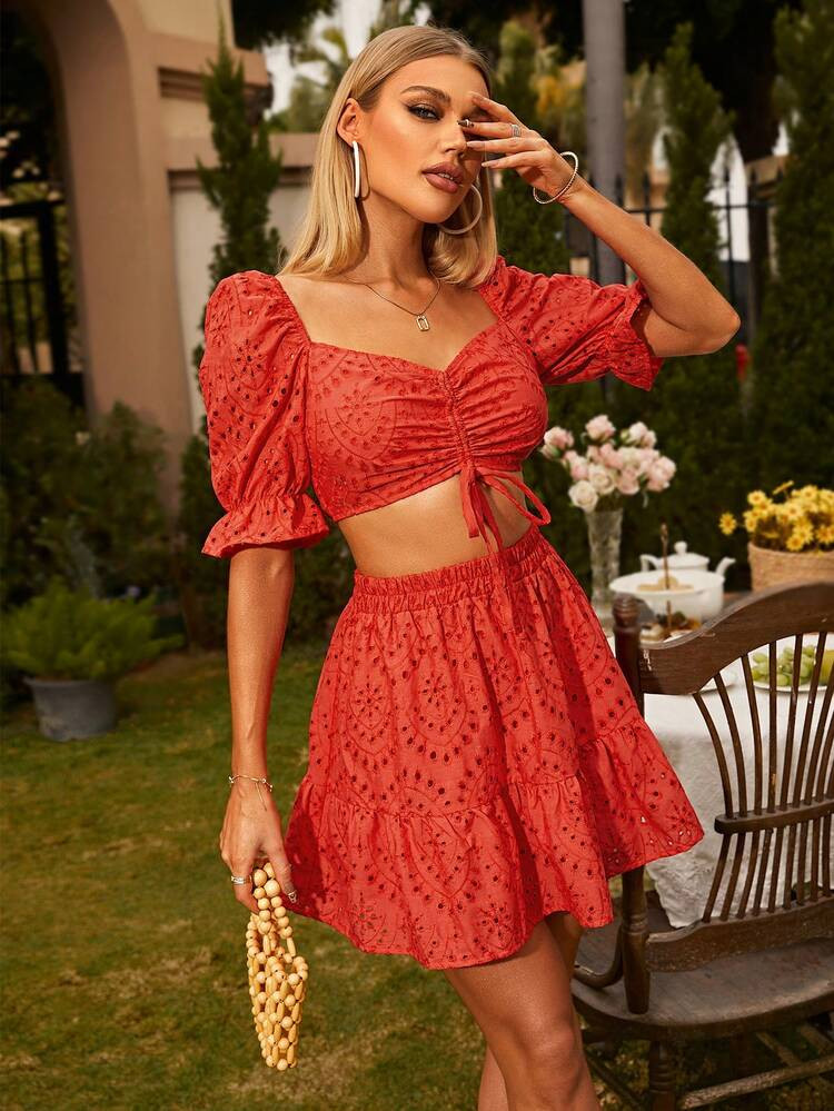 New
     
      Glamaker Sweetheart Neck Drawstring Front Crop Top & Ruffle Hem Skirt | SHEIN