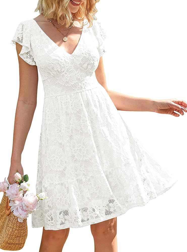 MEROKEETY Women's 2024 Summer V Neck Flutter Sleeve Dress Floral Lace Tie Back A Line Dresses | Amazon (US)