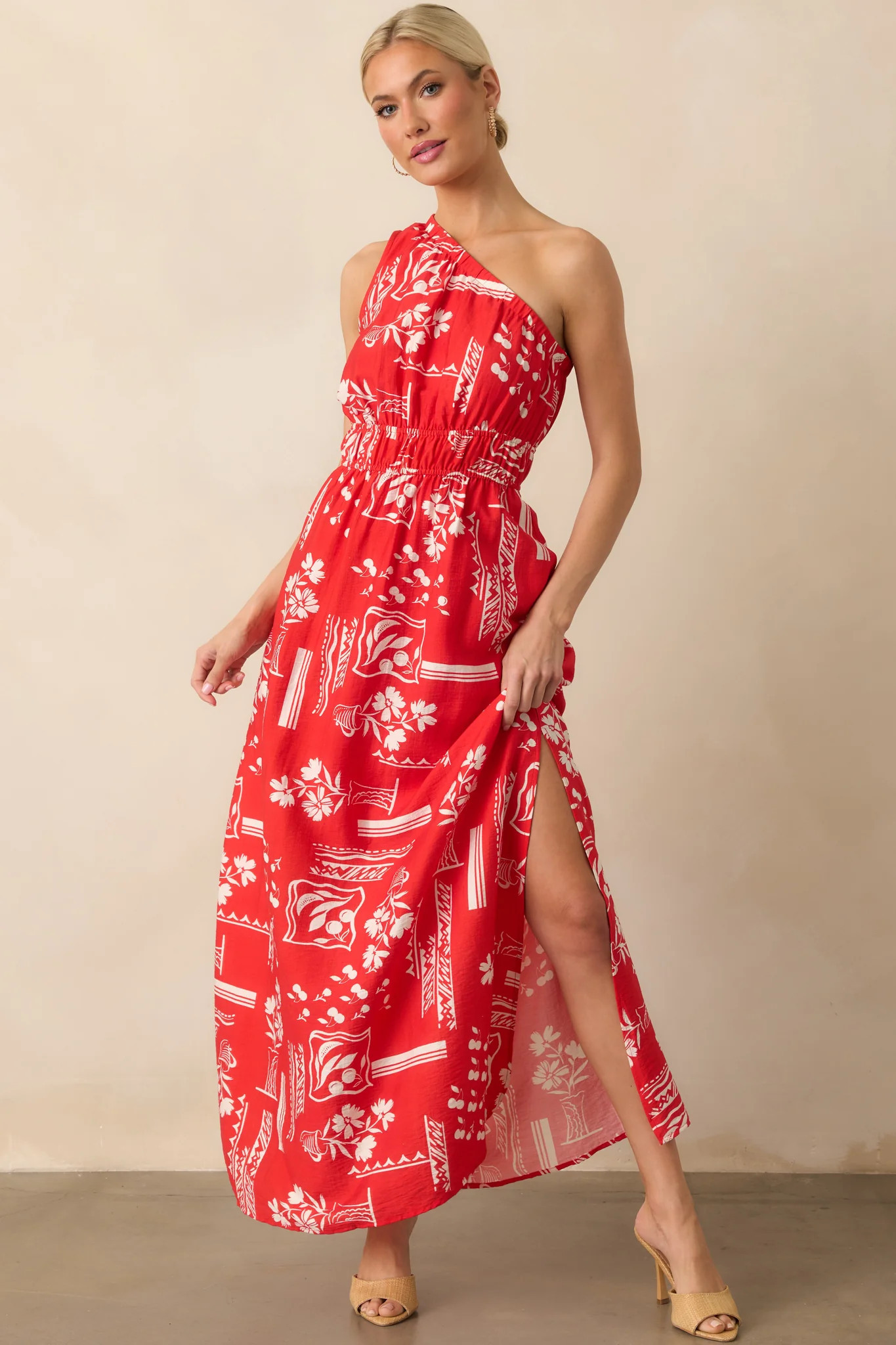 Anything Goes Red One Shoulder Geometric Floral Print Maxi Dress | Red Dress
