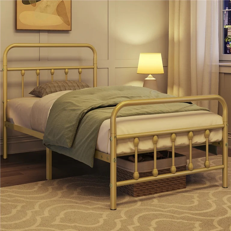 Alden Design Metal Platform Twin Bed with High Headboard, Antique Gold - Walmart.com | Walmart (US)