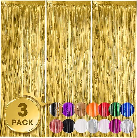 3 Pack 3.3x8.2 Feet Gold Foil Fringe Backdrop Curtains, Tinsel Streamers, Fringe Backdrop for 202... | Amazon (US)
