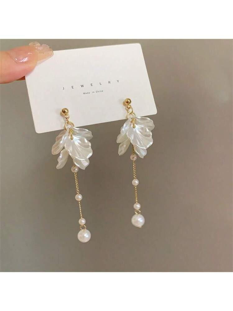 Korean Style Floral Faux Pearl Chain Dangle Earrings, Elegant Sweet Girl Ear Accessories | SHEIN