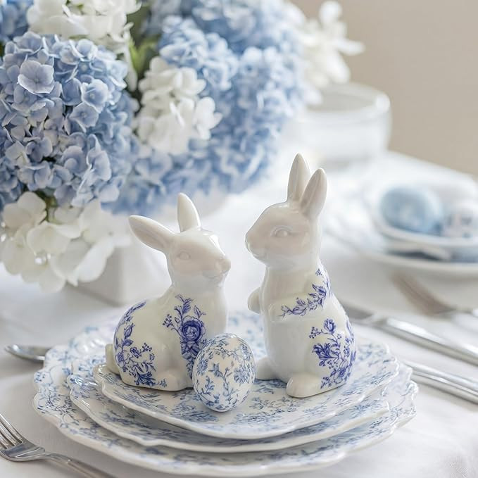2 Pcs Easter Bunny Decorations Chinoiserie Blue and White Floral Ceramic Bunny Rabbit Figurines C... | Amazon (US)