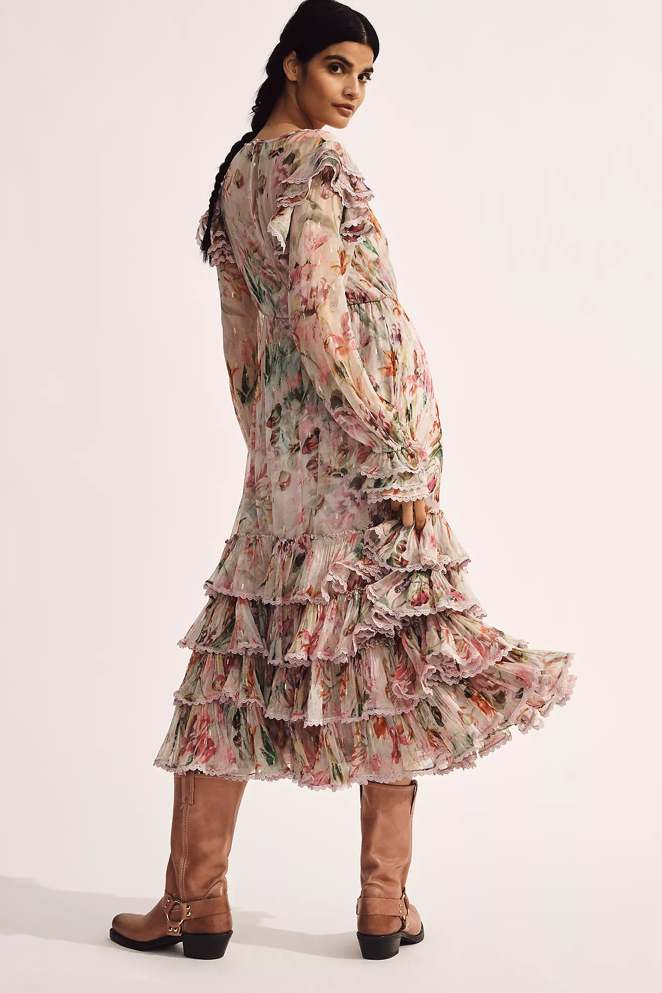 Mac Duggal Floral Chiffon Tie-Neck Tiered Midi Dress | Anthropologie (US)