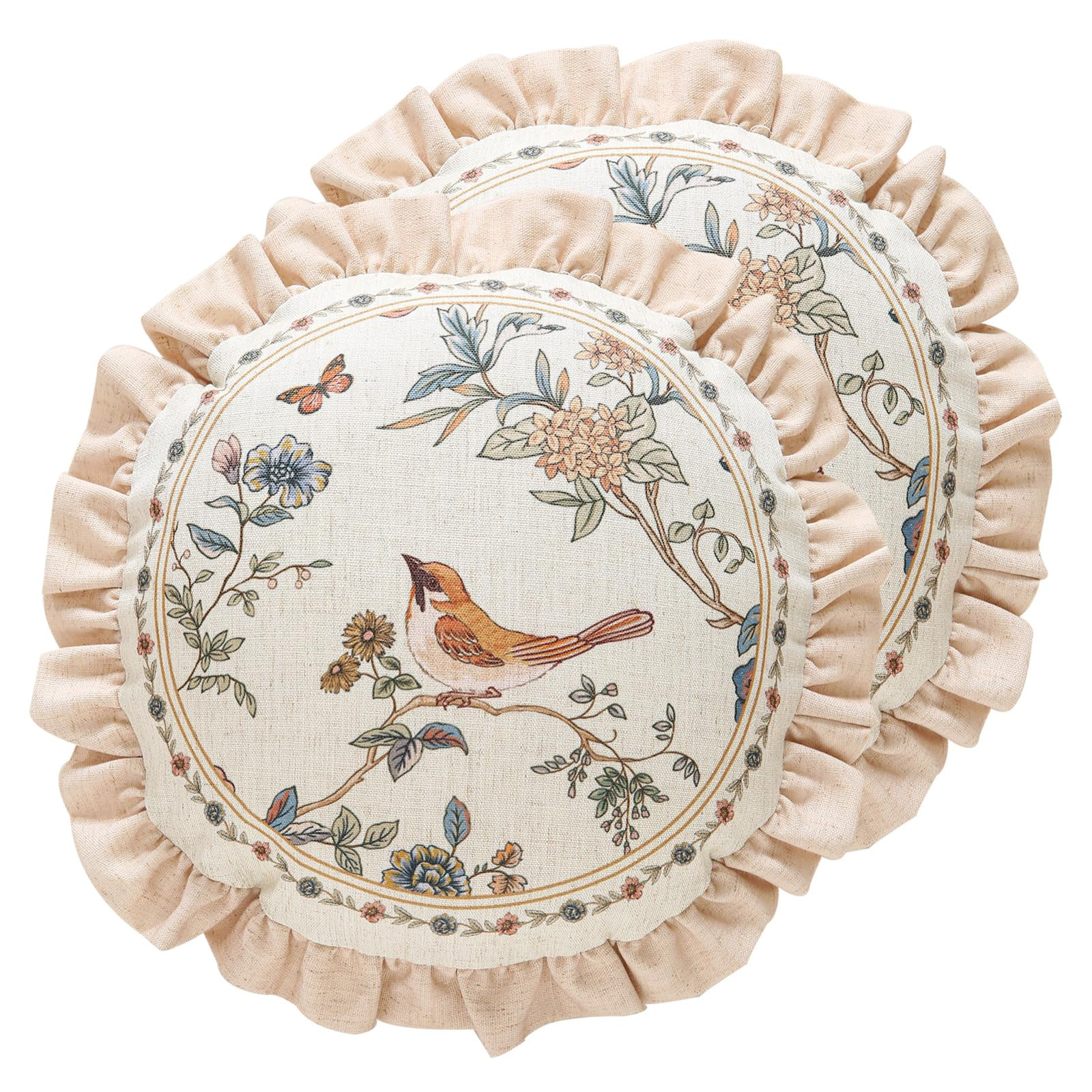 ISAENNE Design Round Floral Bird Linen Throw Pillow Covers Diameter 16" Pack of 2, Yellow Pink Cu... | Amazon (US)