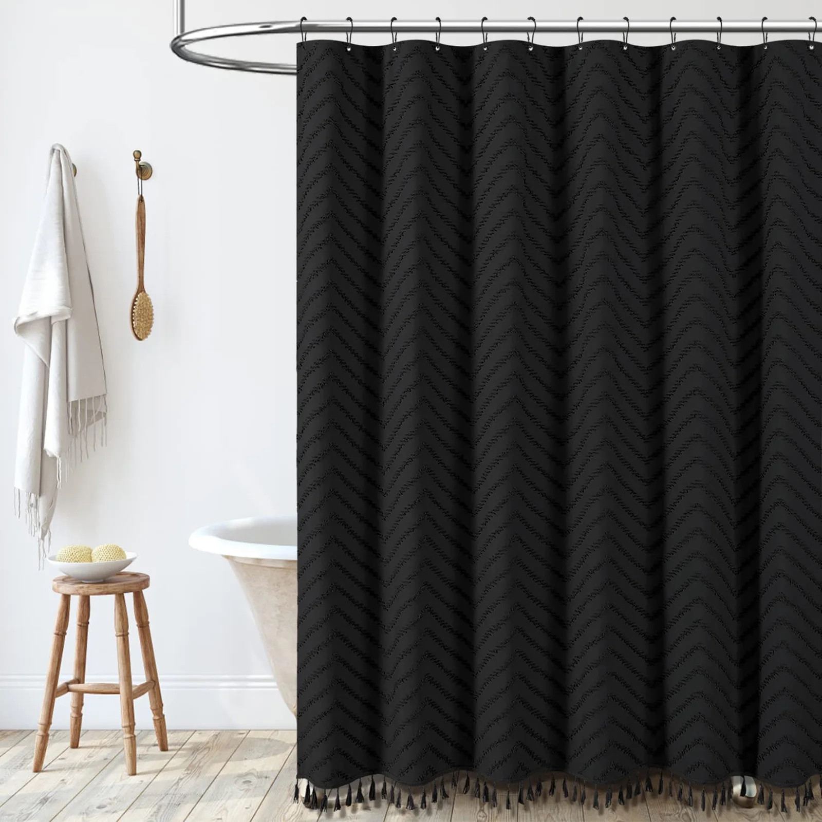 Inadays Boho Shower Curtains with Hooks, Fabric Tufted Chevron Striped Textured Tassel Shower Cur... | Walmart (US)