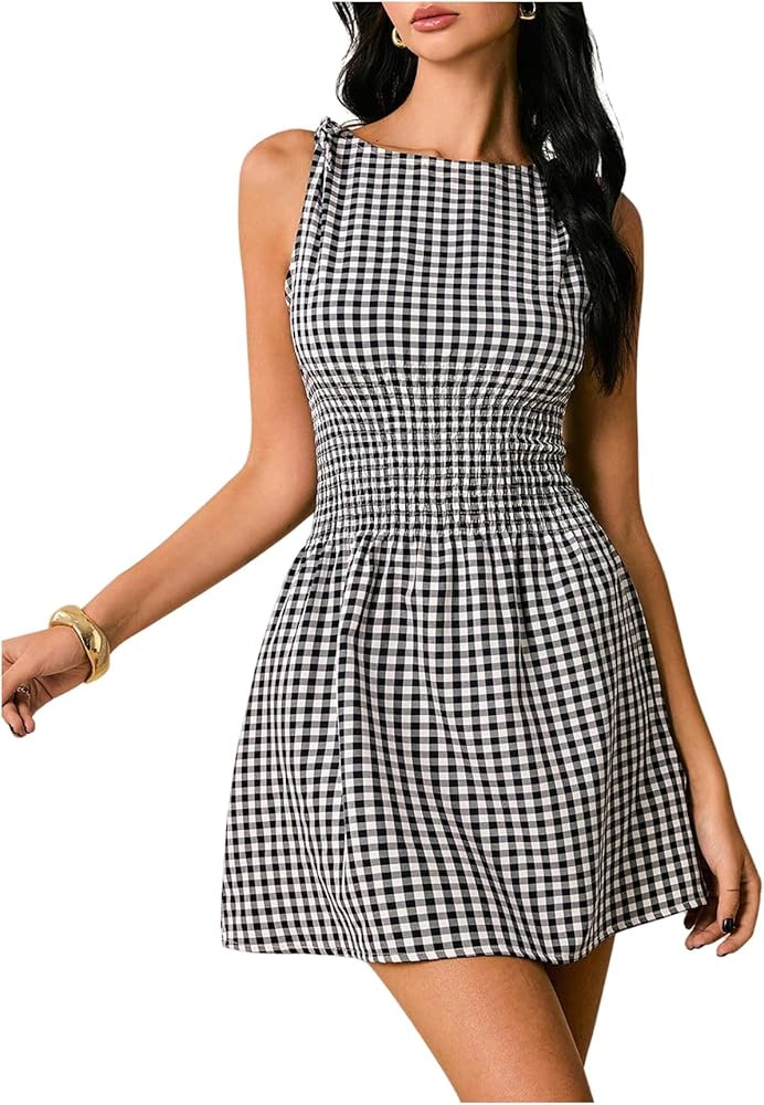 Floerns Women's Tie Shoulder A Line Gingham Dress Boat Neck Mini Checkered Elegant Dresses | Amazon (US)
