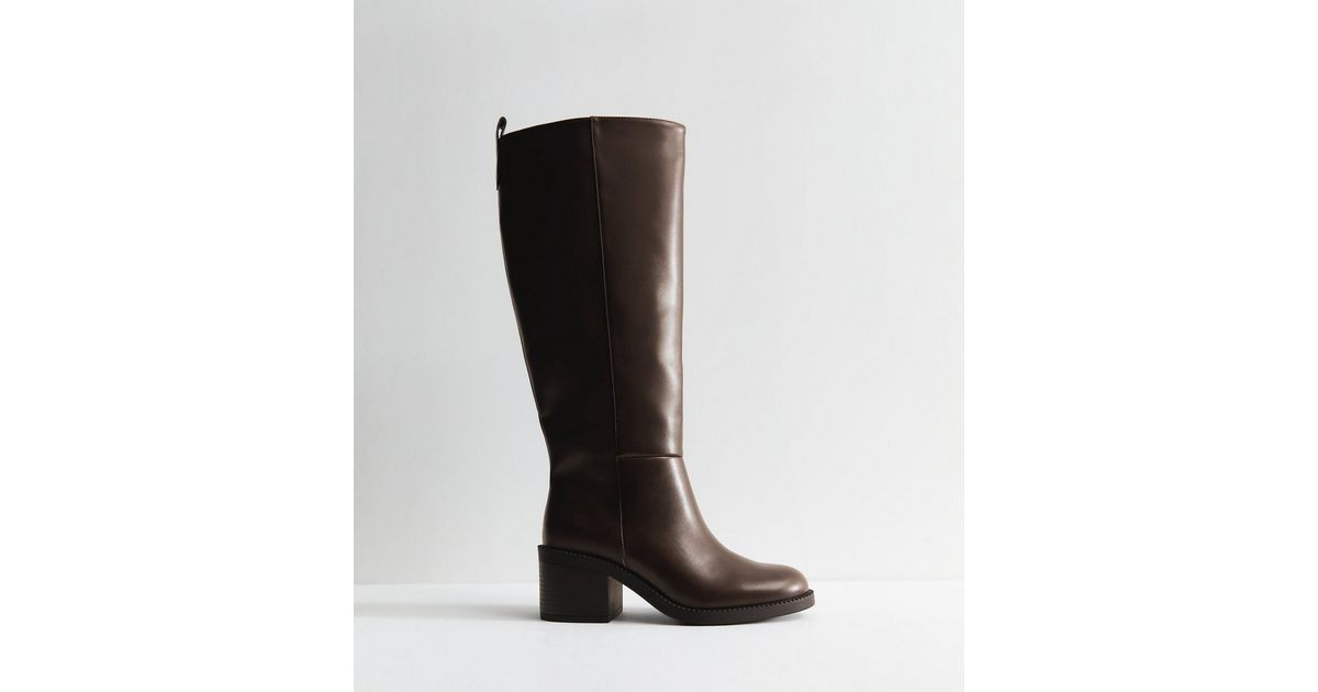 Women's Dark Brown Faux Leather Heeled Knee High Boots Vegan New Look | New Look (UK)