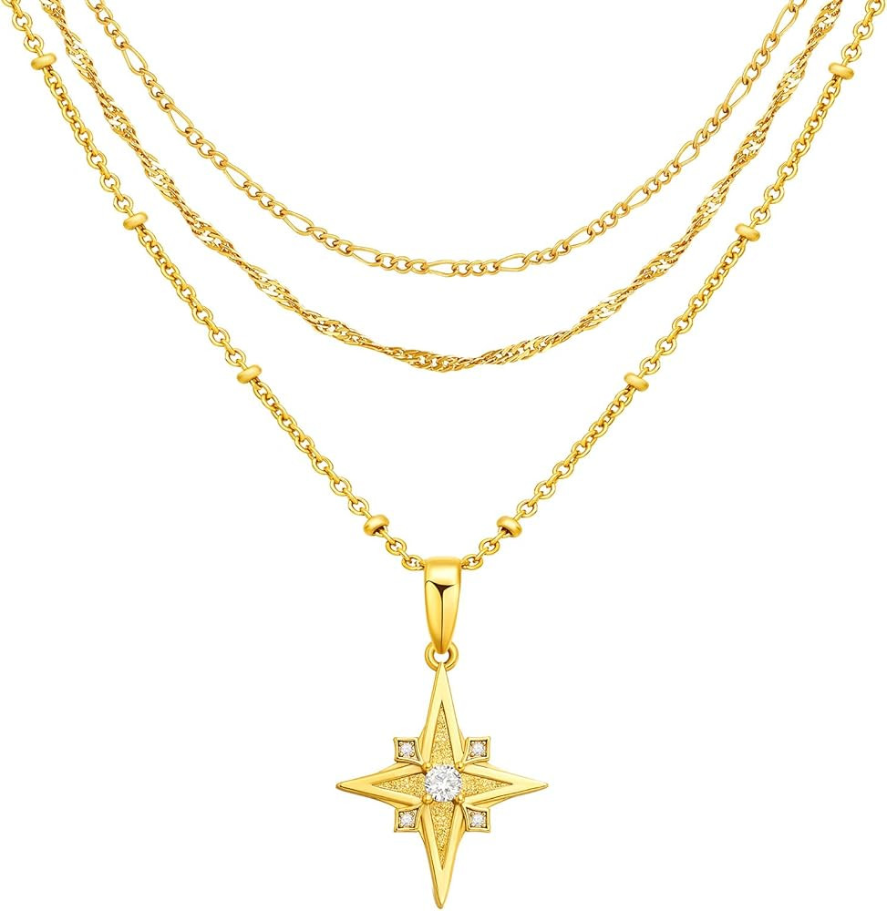 Cicy Bell Womens Four Point Star Necklace Sets Double Layer Chain 18k Gold Plated Cubic Zirconia ... | Amazon (US)
