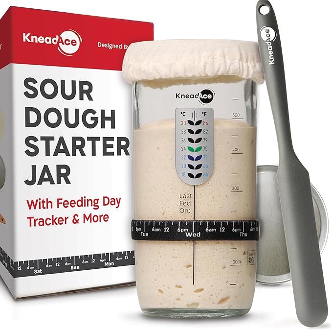 KneadAce Sourdough Starter Jar With Date Marked Feeding Band, Thermometer, Sourdough Jar Scraper,... | Amazon (US)