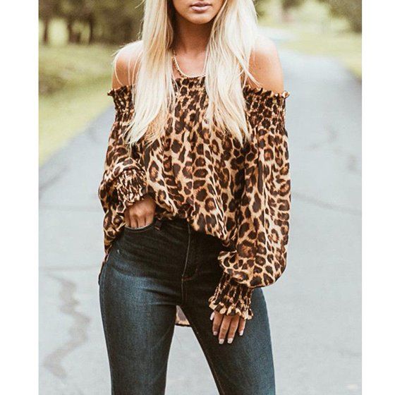 Women Fashion Sexy Off Shoulder Leopard Print Tops Puff Long Sleeve Loose Top | Walmart (US)