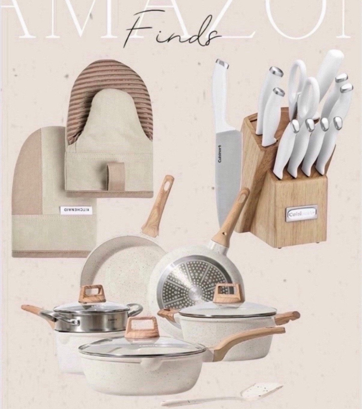 highly rated neutral kitchen accessories 
pots pans
knives