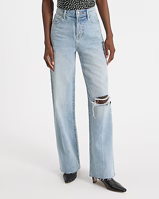 High Waisted Light Wash 50/50 Rigid Stretch Ripped Wide Leg Jeans | Express