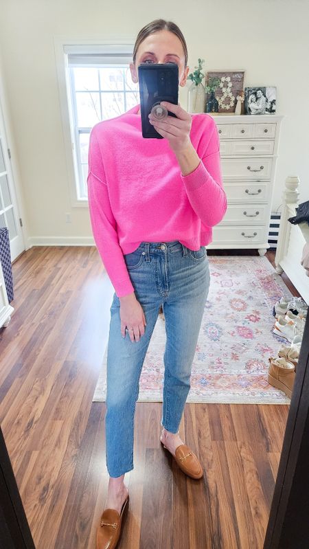 Spring sweaters. Casual outfit ideas. Pink sweater. Madewell. Anthropologie. Cashmere sweaters. Loafers. Mules.

#LTKfindsunder100 #LTKSpringSale #LTKshoecrush