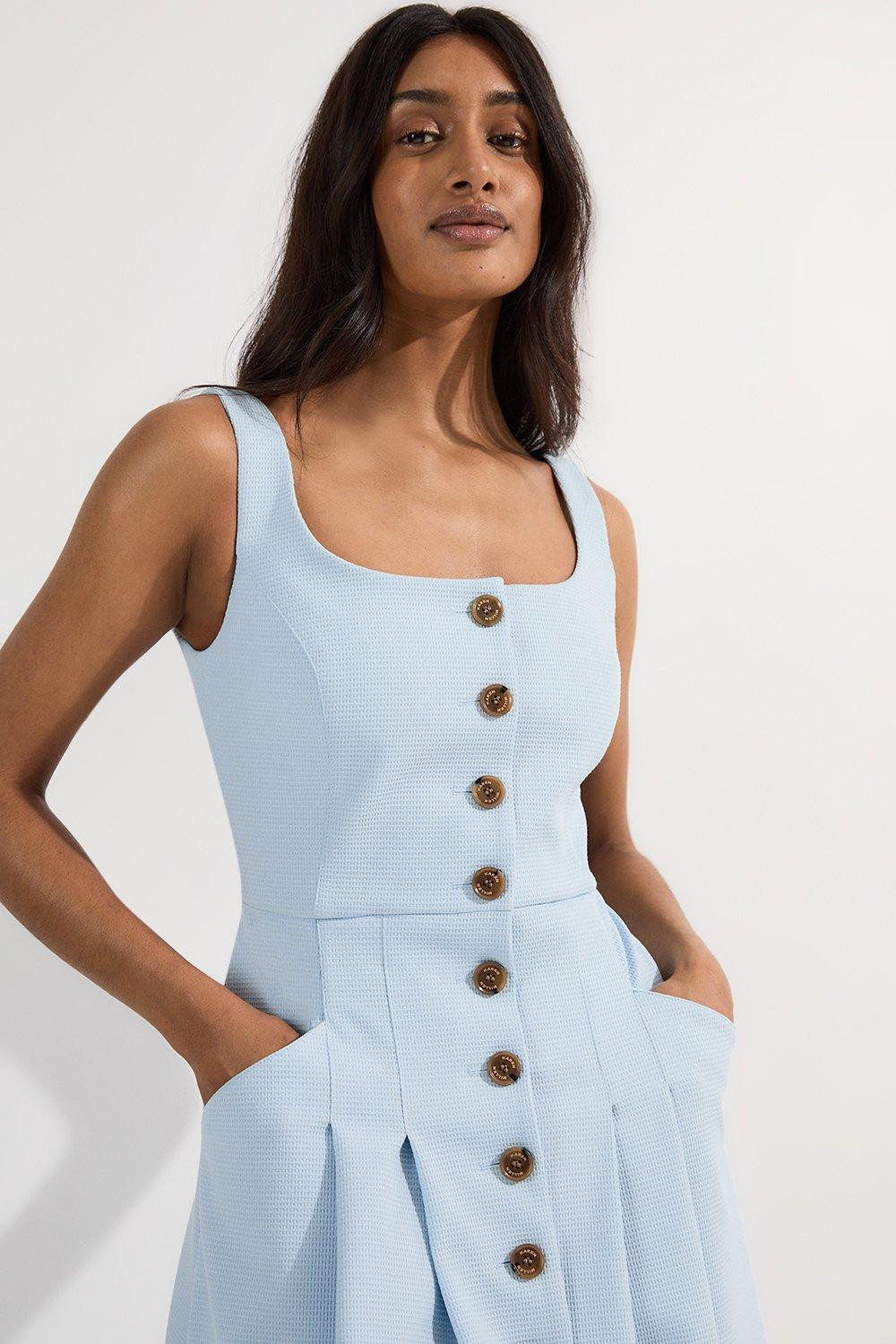 Tailored Textured Button Though Strappy Full Midi Dress | Karen Millen | Karen Millen UK + IE + DE + NL