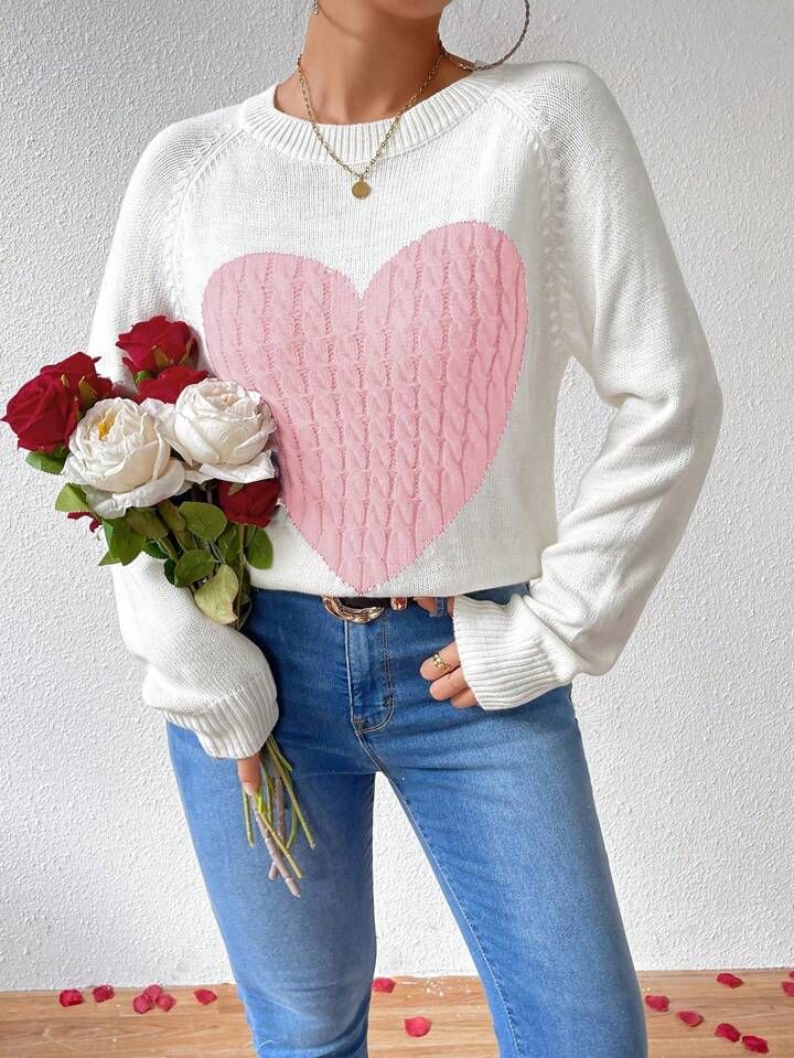 SHEIN Essnce Heart Pattern Raglan Long Sleeve Cable Knit Sweater | SHEIN